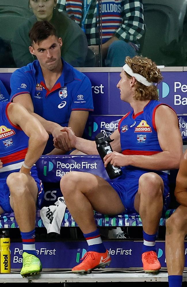 Sam Darcy and Aaron Naughton speak on the bench Michael Willson/AFL Photos via Getty Images)