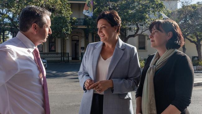 Campbelltown Labor MP Greg Warren, NSW Labor leader Jodi McKay and former Camden state Labor candidate Sally Quinnell in Camden on Wednesday.