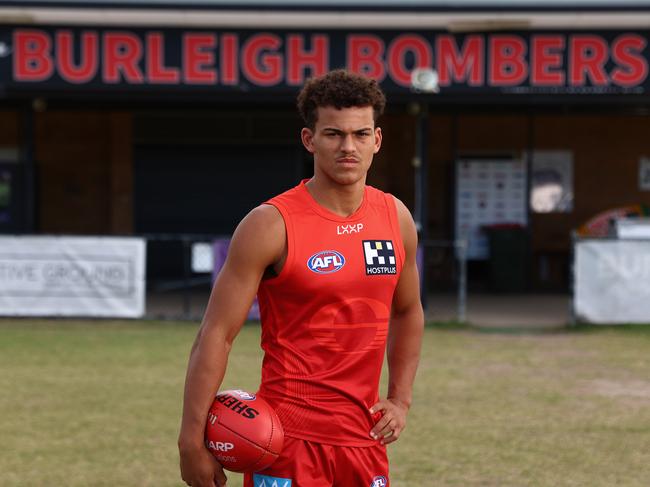 Gold Coast Suns AFL draft prospect Leo Lombard poses at junior club Burleigh Bombers AFC on October 30, 2024 in Gold Coast, Australia. Picture: Chris Hyde/Getty Images.