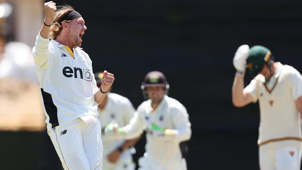 Corey Rocchiccioli (pictured celebrating the wicket of Tasmania’s Mitch Owen) has an eye on Australia’s Test tour of Sri Lanka in February. Picture: Paul Kane / Getty Images