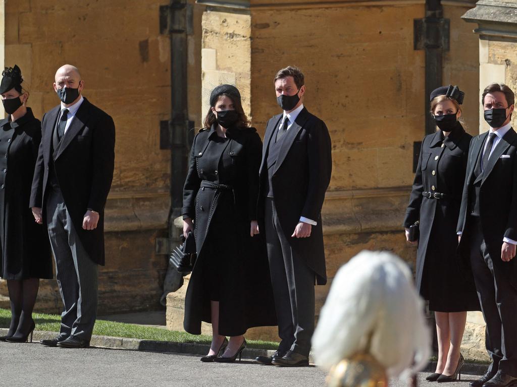 (L-R) Zara Phillips and Mike Tindall, Princess Eugenie of York and Edoardo Mapelli Mozzi and Princess Beatrice of York and Jack Brooksbank during the ceremonial funeral procession of Britain's Prince Philip. Picture: AFP