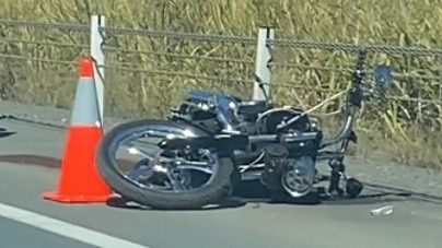 Gus Sullivan was left with critical facial and head injuries after his motorcycle (pictured) hit a guardrail on the Bruce Hwy near Robert Rd, Chatsworth, just north of Gympie on Saturday, August 20. Photo: Jorina Maureschat