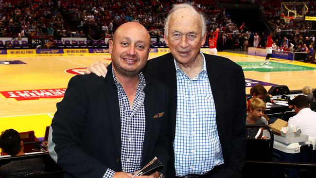 NBL owner Larry Kestelman with Hungry Jack’s owner Jack Cowin. Picture: Getty Images