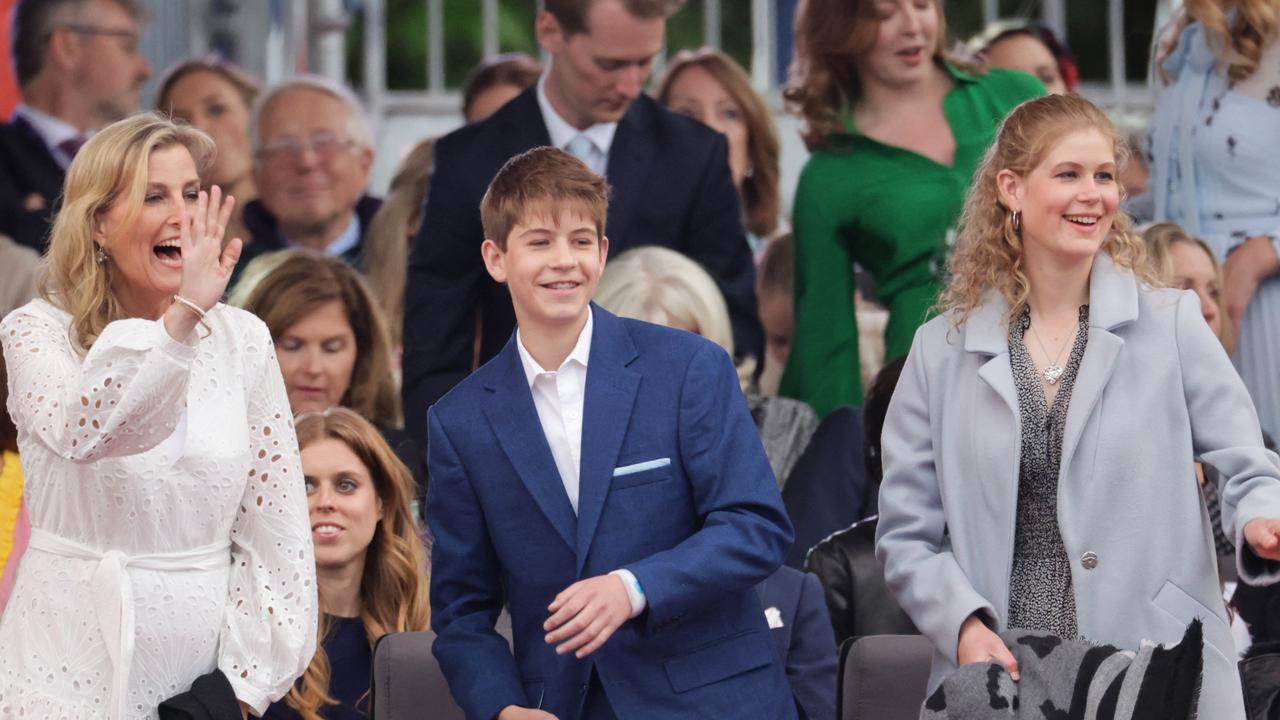 Britain's Sophie, Countess of Wessex, and her children James, Viscount Severn and Lady Louise Windsor react during the Platinum Party at Buckingham Palace. Picture: AFP