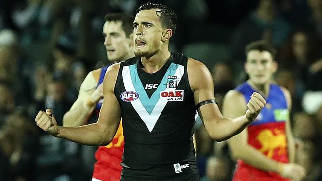 Sam Powell-Pepper celebrates a Port Adelaide goal. Picture: Sarah Reed