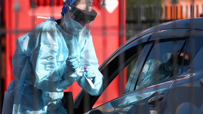 A nurse prepares to test people at a COVID-19 testing facility in Auckland’s Eden Terrace on Thursday. Picture: AFP