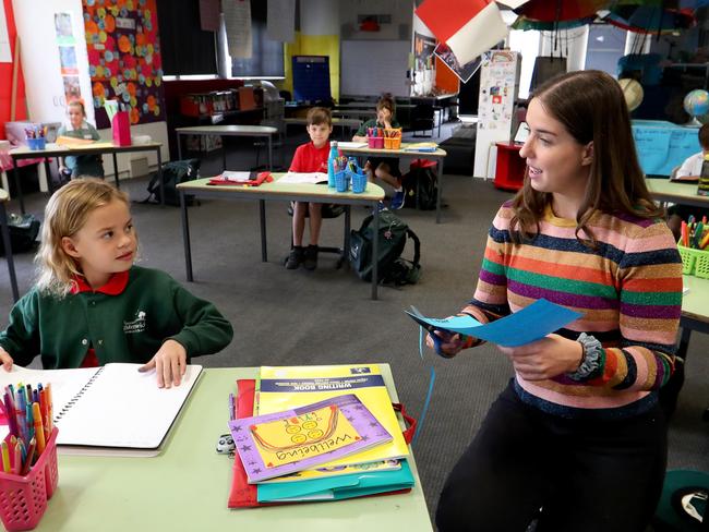 14/04/2020 Teacher Georgia Smart teaching a mixed class of grade prep to grade 2 students  at Elsternwick Primary School in Melbourne as the children of essential service workers return to school in Victoria today.Picture: David Geraghty / The Australian.