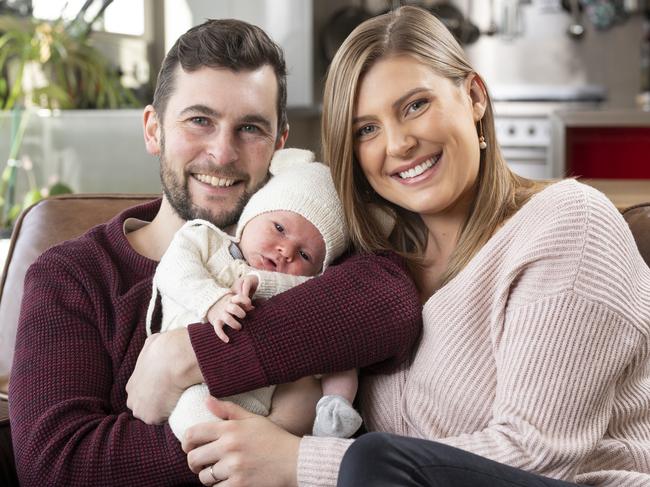 Sports journalist and new dad Chris Rowbottom with his newborn son Oliver who was born on August 12, 2021, with his wife Lucy Breaden. Picture: EDDIE SAFARIK