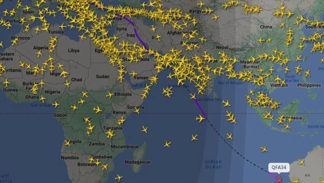 The path Qantas’ Perth-Paris flight would normally take but the airline is re-routing services away from the danger zone in the Middle East. Picture: Flightradar24.com