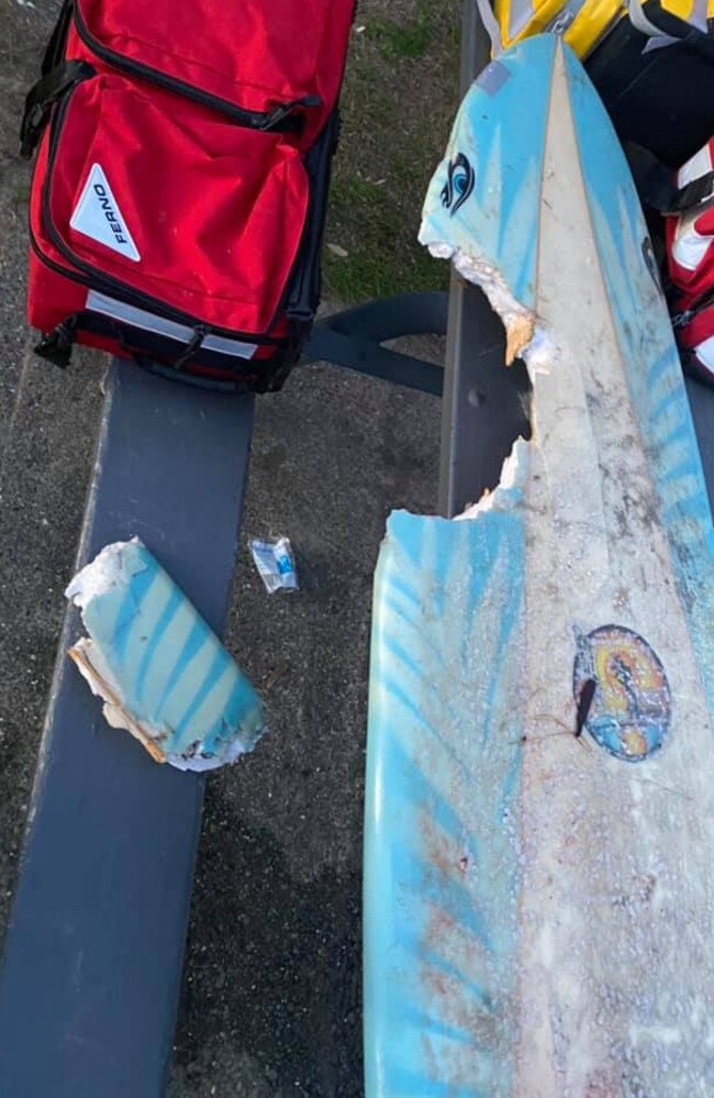 The damage inflicted to Joe’s board by the bite. Picture: Facebook