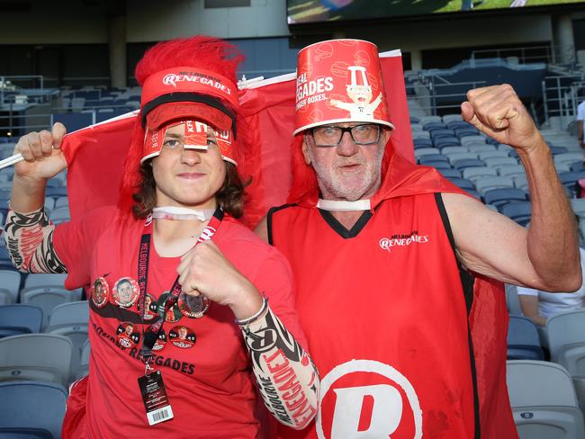 Josh Stephens and Graham Julian. Renegades and Hurricanes fans at GMHBA Stadium. Picture: Alan Barber