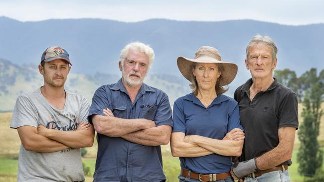 Dederang residents, Paul Ingram, Mick Fisher-Smith, Sharon and John McEvoy are fighting a second battery storage facility proposal in the Kiewa Valley. Picture: Zoe Phillips