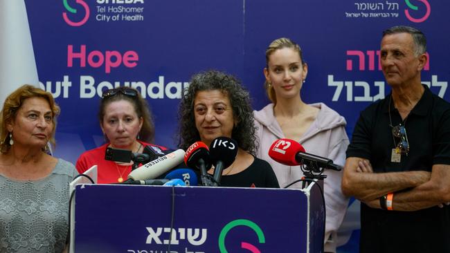 (L-R) Orit Meir, Rozi Ziv, Anna Kozlov, Jennifer Master, and Yaakov Argamani, speak during a press conference with the family members of the rescued hostages at the Sheba Medical Center on June 08, 2024 in Ramat Gan, Israel. Picture: Getty Images