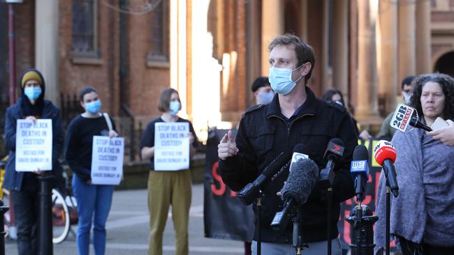 Black Lives Matter activists outside the NSW Supreme Court in Sydney on Thursday. Picture: Britta Campion