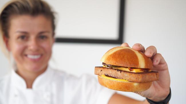 Emma Jeffrey with her Spam burger.