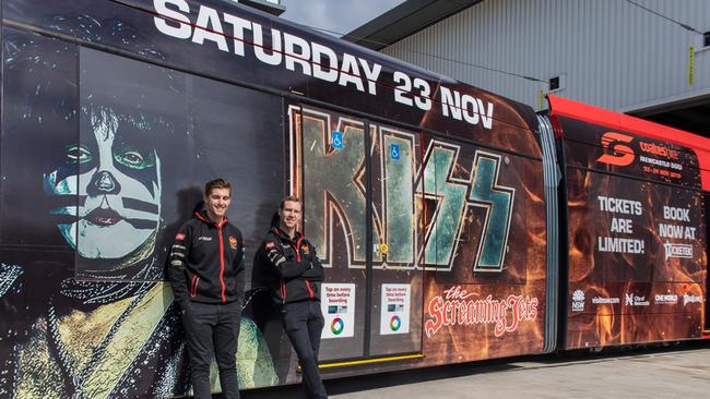 David Reynolds, the 2017 Bathurst 1000 and 2018 Newcastle 500 race winner, and his Penrite Racing teammate Anton De Pasquale in-front of the KISS tram