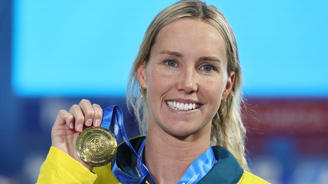 Emma McKeon with her gold medal after winning the 50 mtr freestyle at the World Short Course Swimming Championships in Melbourne. Picture by Michael Klein