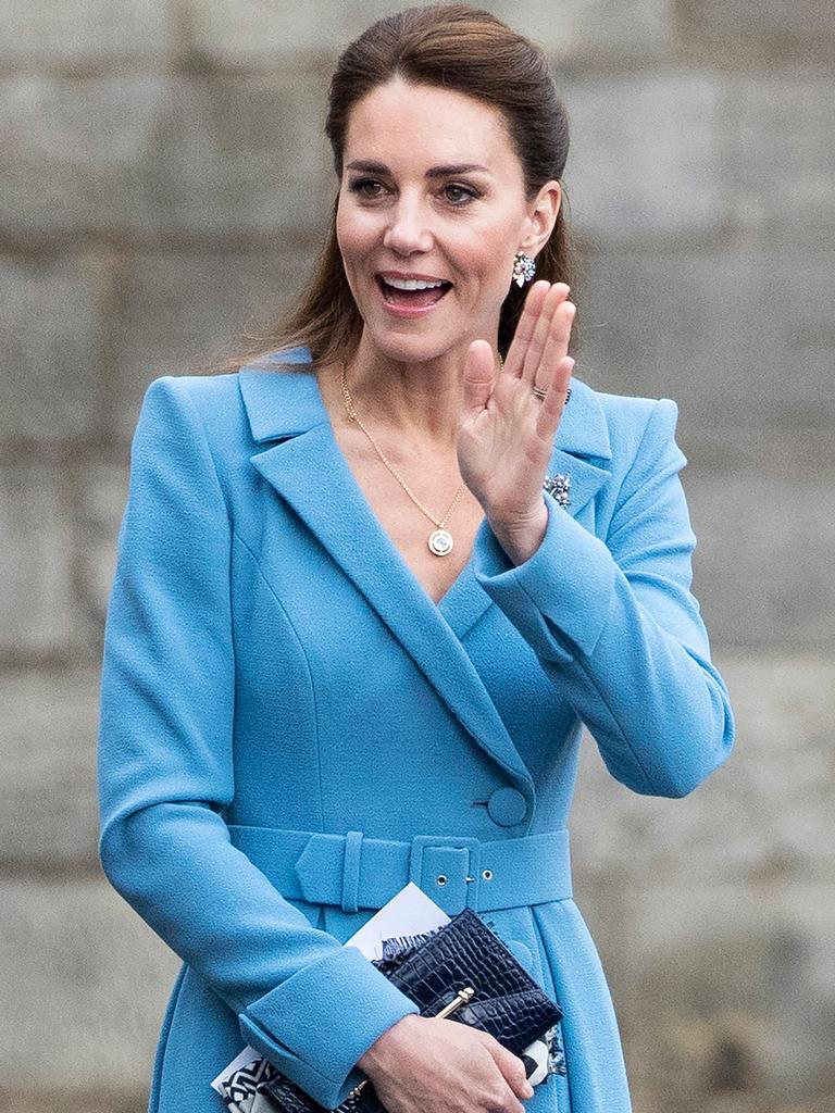 A relaxed Duchess of Cambridge wearing one of her signature coats during a visit to Scotland last week. Picture: Jane Barlow/AFP