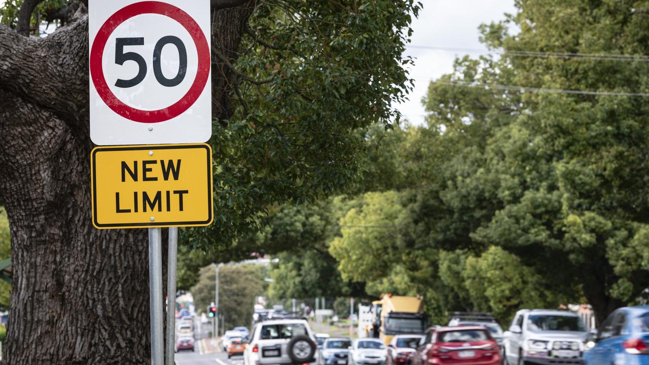 The speed limit has been reduced to 50 km/h on Ruthven St between Long and Alderley Sts, Wednesday, April 24, 2024. Picture: Kevin Farmer