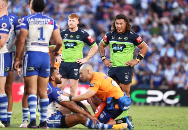 Josh Papalii looks on, soon to be sent off. Picture: Jason O’Brien - NRL Photos