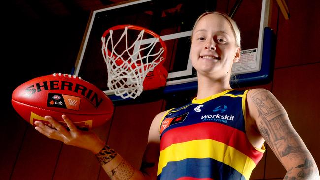 Adelaide AFLW player Taylah Levy is preparing for her first finals campaign. Also a basketballer, she won a premiership with the Central District Lions in the NBL1 central league in pre-season, being named MVP in the final. 5 November 2024. Picture: Dean Martin