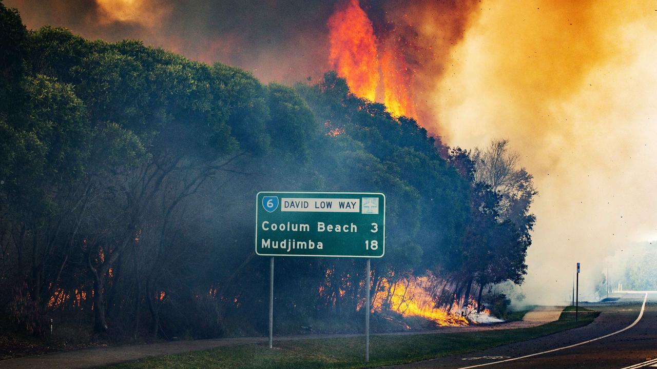 Firefighters on scene south of Peregian Beach as water bombing helicopters were called in to fight the wild bushfire. Photo Lachie Millard