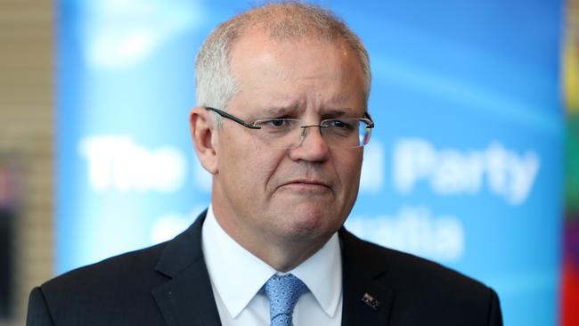 Prime Minister Scott Morrison speaks to the media at the South Australian Liberal party Annual General Meeting at the Adelaide Convention Centre in Adelaide, Saturday, August 17, 2019.  (AAP Image/Kelly Barnes) NO ARCHIVING