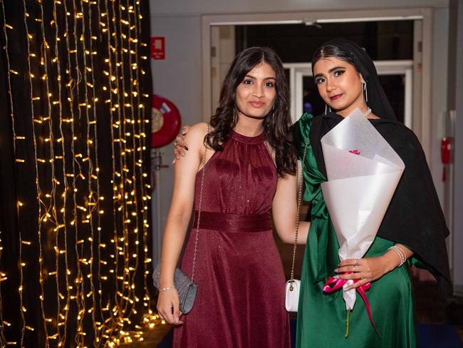 Krishi patel and Mashaal Rashid at the Year 12 School formals of Darwin High School at Darwin Convention Centre, Darwin. Picture: Pema Tamang Pakhrin.