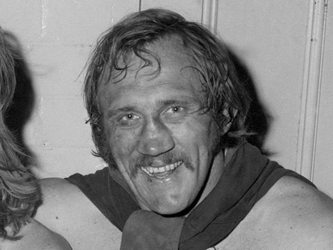 Players (L-R) Ron Coote, Russell Fairfax and Mark Harris celebrate in dressing room after Easts defeated Canterbury in 1974 first grade grand final at SCG in Sydney, 09/1974. Pic Warwick Lawson.