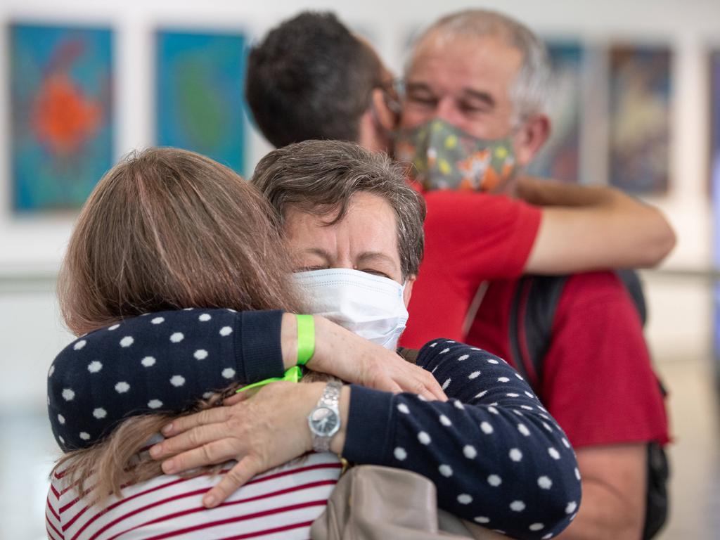 Zsofi Nemeth hugs mum Julianna Nemeth in front of Rudolf Nemeth hugging son-in-law David Kaity. Picture: Brad Fleet