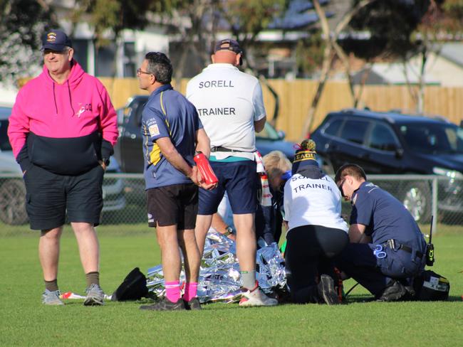 Sorell's Bella Cree suffered a horrific injury during the SFLW Community League match against St Virgil's which caused the match to be cancelled. Picture: Jake Garland