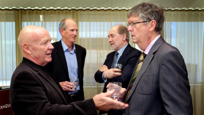 Ian Heads (right) talks with Immortal Bob Fulton as Wayne Bennett and John Grant chat in the background. Picture: Gregg Porteous