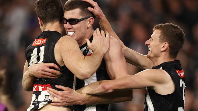 Mason Cox celebrates an important goal in the final quarter. Picture: Michael Klein