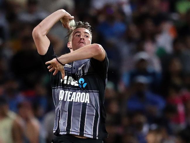 New Zealand fast bowler Blair Tickner takes on India in February 2019. Picture: Michael Bradley/AFP