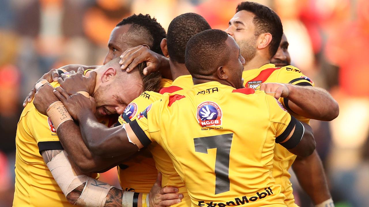 The Kumuls celebrate a try to Luke Page.