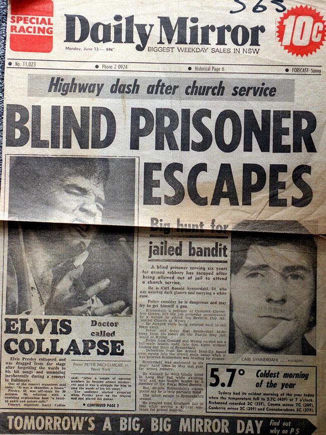 Front page of the Daily Mirror newspaper in 1977 showing bank robber Carl Ronald Synnerdahl, who fooled prison doctors into believing he was blind and escaping.