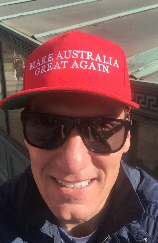 Cory Bernardi wearing a hat inspired by Donald Trump’s slogan: ‘Make America Great Again’. Picture: Twitter