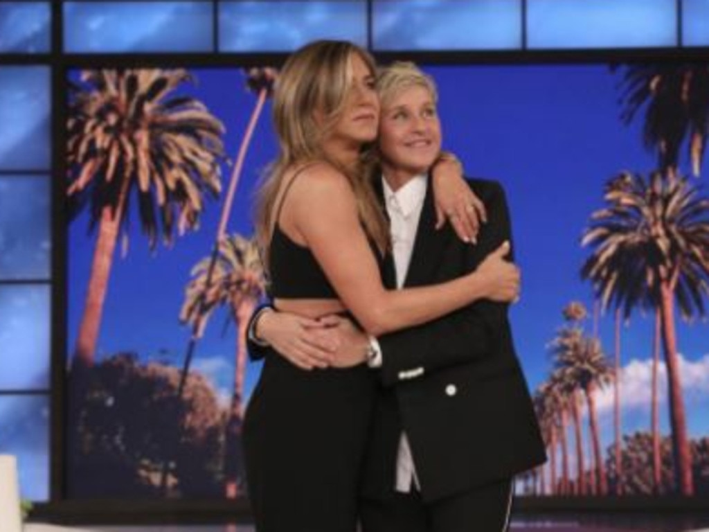 Ellen DeGeneres with Jennifer Aniston during the final taping of her talk show. Picture: Warner Bros