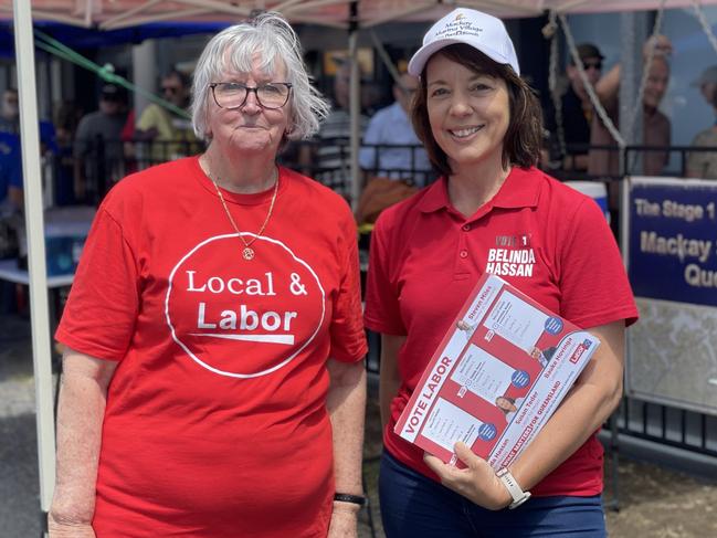 Labor candidate Belinda Hassan was joined by her mother Deborah Colby at her booth at the Mackay Showground. Photo: Fergus Gregg