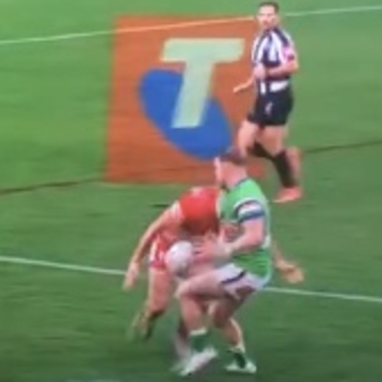 The ref missed a knock on from Canberra's Hudson Young. Picture: Fox League