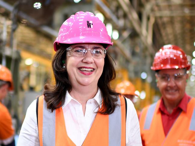 MARYBOROUGH, AUSTRALIA - NewsWire Photos - OCTOBER 13, 2020.Queensland Premier Annastacia Palaszczuk is seen during a visit to the Downer train building facility, as she campaigns for her re-election. Ms Palaszczuk announced a $600 million commitment for 20 new trains to be built in Maryborough, should Labor win government on October 31. Picture: NCA NewsWire / Dan Peled