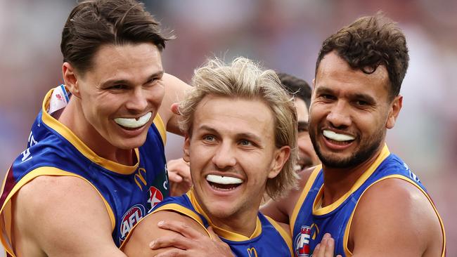 MELBOURNE , AUSTRALIA. SEPTEMBER 28, 2024. AFL Grand Final between the Sydney Swans and the Brisbane Lions at the MCG. Kai Lohmann of the Brisbane Lions celebrates a goal. Picture: Mark Stewart