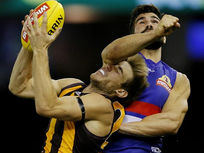 AFL Round 3. Western Bulldogs v Hawthorn at Etihad Stadium. Ryan Schoenmakers marks despite Marcus Adams pressure . Pic: Michael Klein. Sunday April 10, 2015.