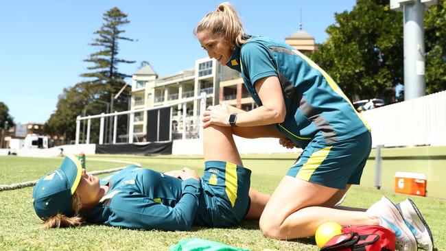 Australian women's cricket team physiotherapist Kate Mahony works with all rounder Sophie Molineux. Picture: Supplied