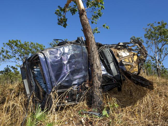 The crash wreckage nearby Manton Dam where a 15-year-old was ejected from a 4WD and died. Picture: Floss Adams.