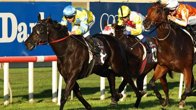 Melody Again and Christian Reith storm home to win the Group 3 Dark Jewel Classic at Scone. Picture: Getty Images