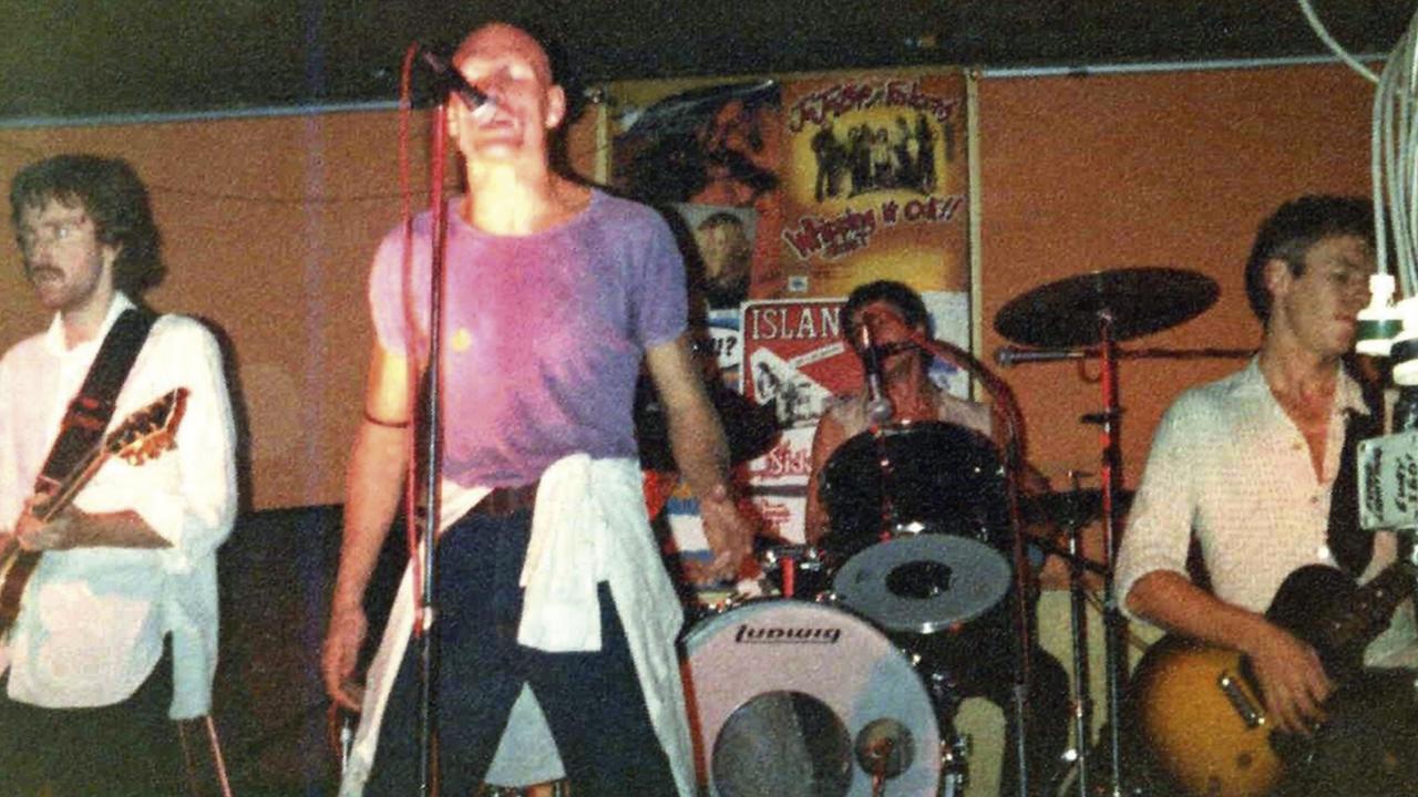 The rocker’s public face … Australia got to know Jim Moginie from his work with Midnight Oil. Here he is, left, at an early Oils gig in Melbourne around 1978 with Peter Garrett, Rob Hirst and Martin Rotsey. Picture courtesy of Jim Moginie.