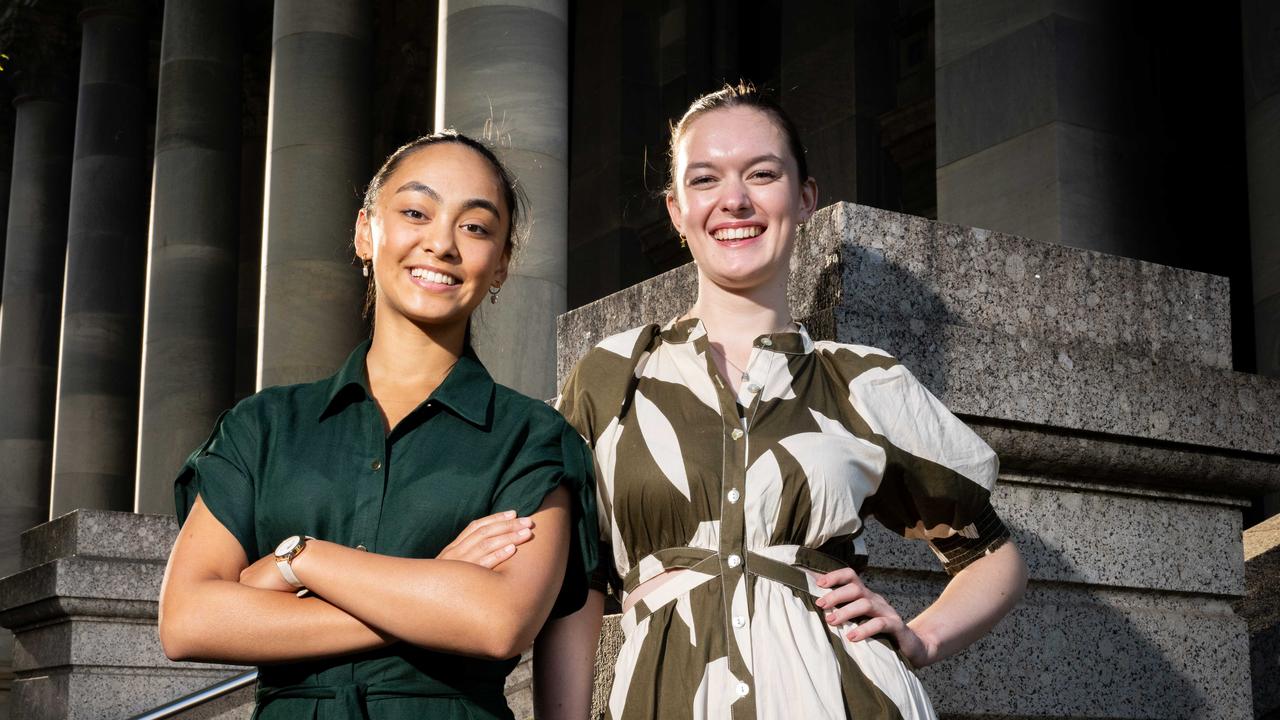 2023 Teen Parliament scholarship winner Juliana Lanzilli and 2022 Teen Parliament scholarship winner India Ciura at Parliament House. (The Advertiser/ Morgan Sette)