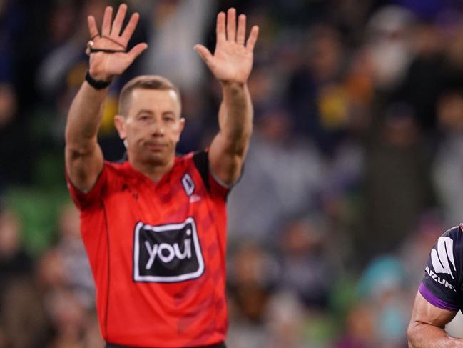 Cameron Smith of the Melbourne Storm is sent to the sin bin by the referee during the second NRL Semi Final match between the Melbourne Storm and the Parramatta Eels at AAMI Park in Melbourne, Saturday, September 21, 2019.  (AAP Image/Scott Barbour) NO ARCHIVING, EDITORIAL USE ONLY