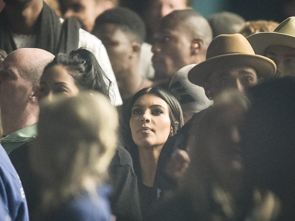 Kim Kardishan watches her husband Kanye West performing at the 2015 Glastonbury Festival. Picture: AAP